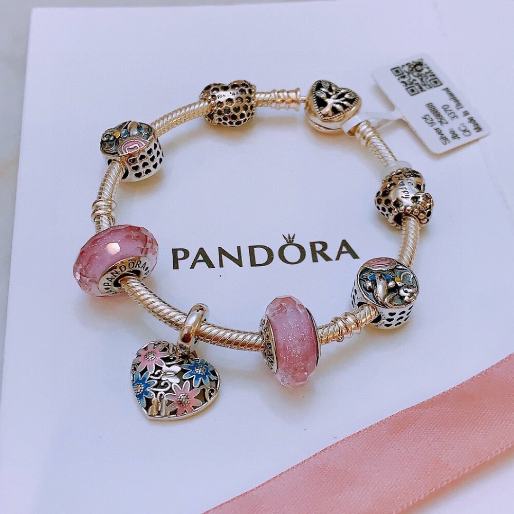 Pandora 925 Silver Bracelet With Dreamy Pink Beads